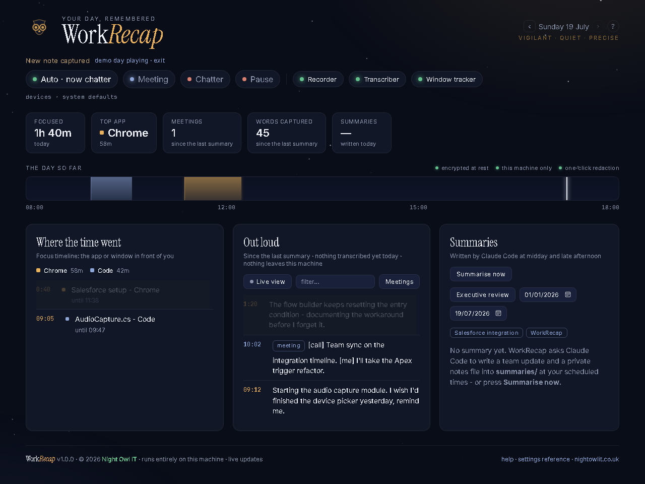 WorkRecap's daily feed view: a timeline of the workday with a private summary.